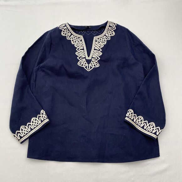 Talbots Linen Tunic Top Womens Large Navy Long Sleeve Ribbon Embroidered Boho - Picture 1 of 9